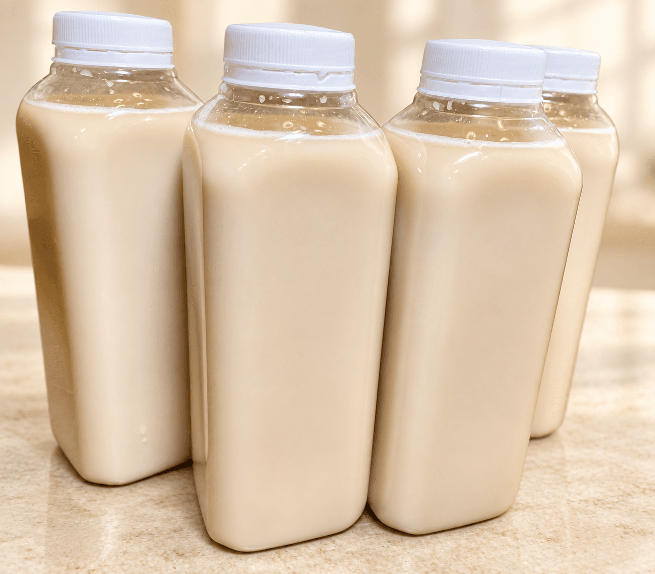 Bottles of creamy tiger nut drink on a warm stone counter.