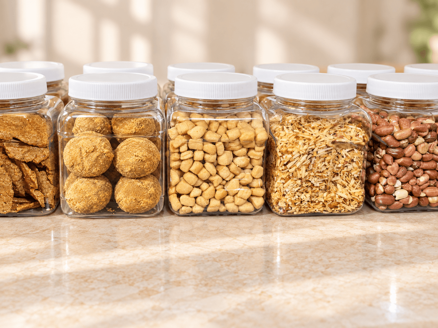 White-lidded jars of Nigerian snacks on a warm stone counter.