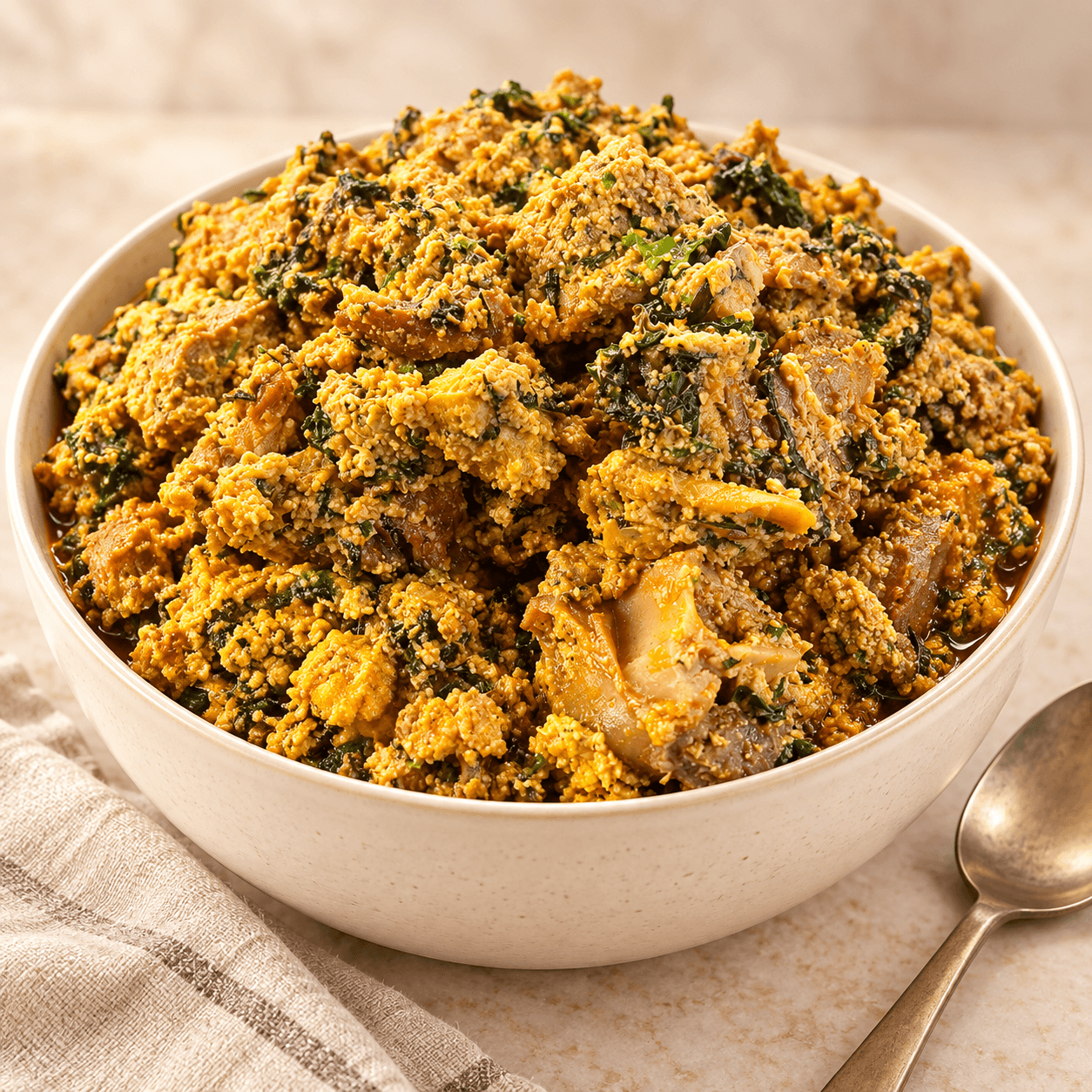A close-up of a bowl of egusi soup with leafy greens on a stone counter.